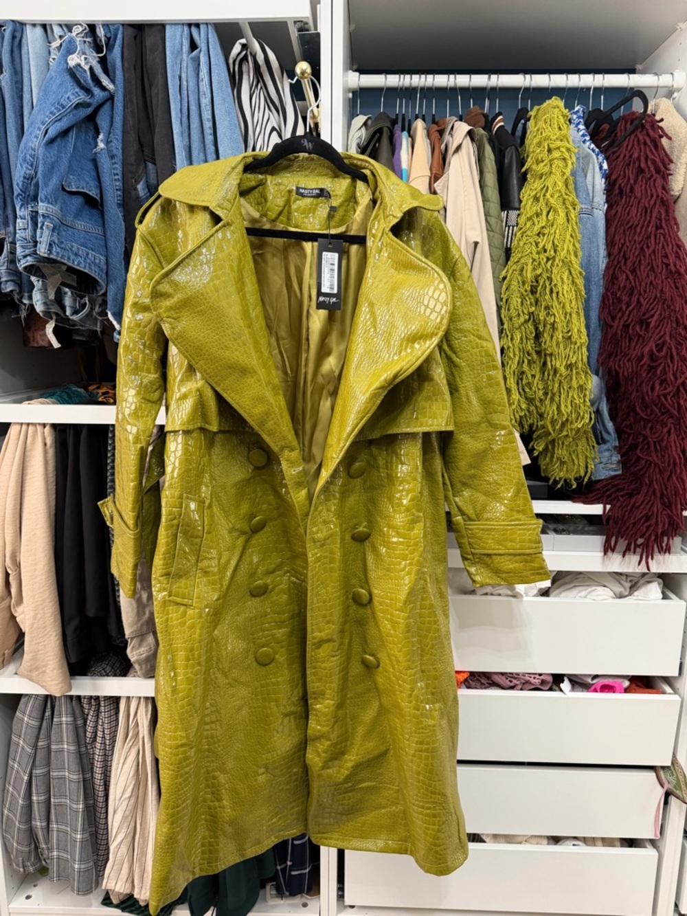 Nasty Gal Glossy Croc-Embossed Trench Coat in Olive Green